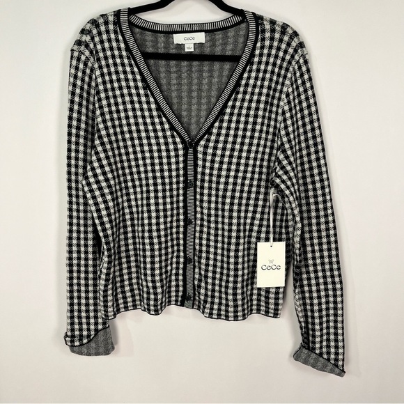 Cece Gingham Jacquard V-Neck Long Sleeve Cardigan Jacket NWT sz Large - Picture 2 of 7
